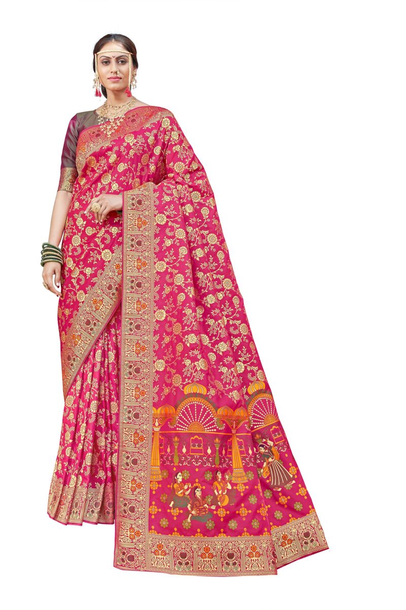 Monjolika Fashion Women's Banarasi Silk Saree With Blouse Piece. (Rani Pink-3804)