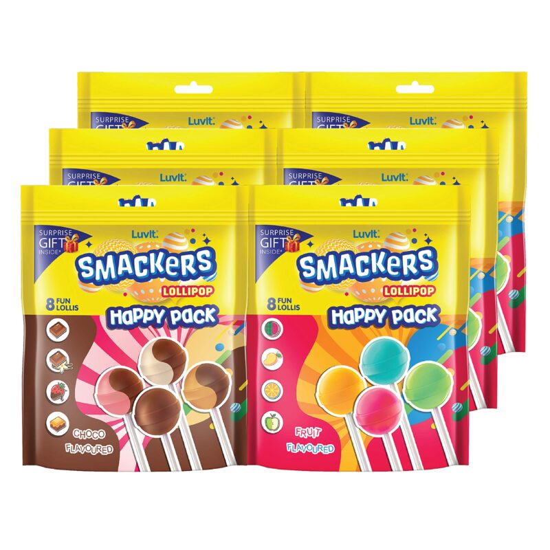 LuvIt. Smackers Fruit And Chocolate Flavoured Lollipops Pack Combo - Pack Of 6, 576 Gram