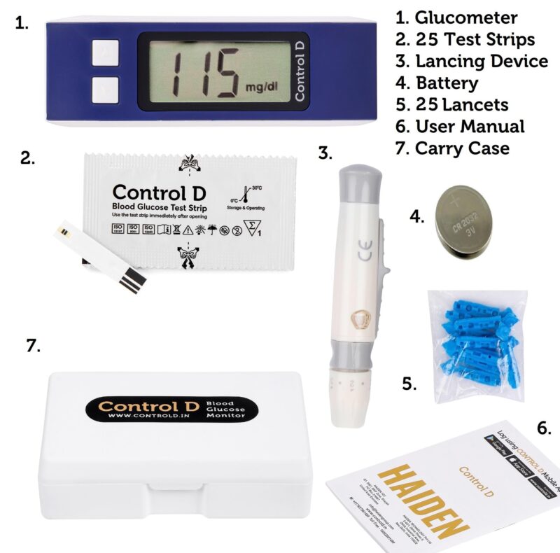 Control D Blue Meter Kit with 25 Single Foil Strips Glucometer (Blue) - Image 4
