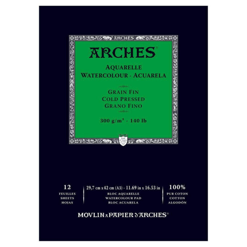 Arches Watercolour- Aquarelle - A3 (29.7 Cm X 42 Cm) Natural White Fine Grain/Cold Press 300 Gsm Paper- Short Side Glued Pad Of 12 Sheets