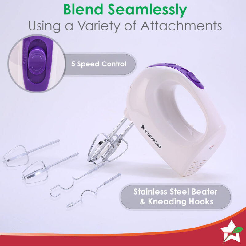 Acura Plus 200 W Electric Hand Mixer I 5 Speed Option I Compact I Light Weight I Hand Blender I Cake Maker I Egg Beater I Dough Maker I Stainless Steel Beater Whisk and Dough Kneading Hooks I 2 Years Warranty I Bakeware I White - Image 3