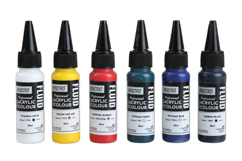 Brustro Professional Artists ’ Fluid Acrylic 20 ml Pack of 5 + 1 Free (Titanium White, Yellow Mid AZO, Napthol Scarlet, Phthalo Blue, Phthalo Green and Carbon Black) with Pouring Medium 200 ml