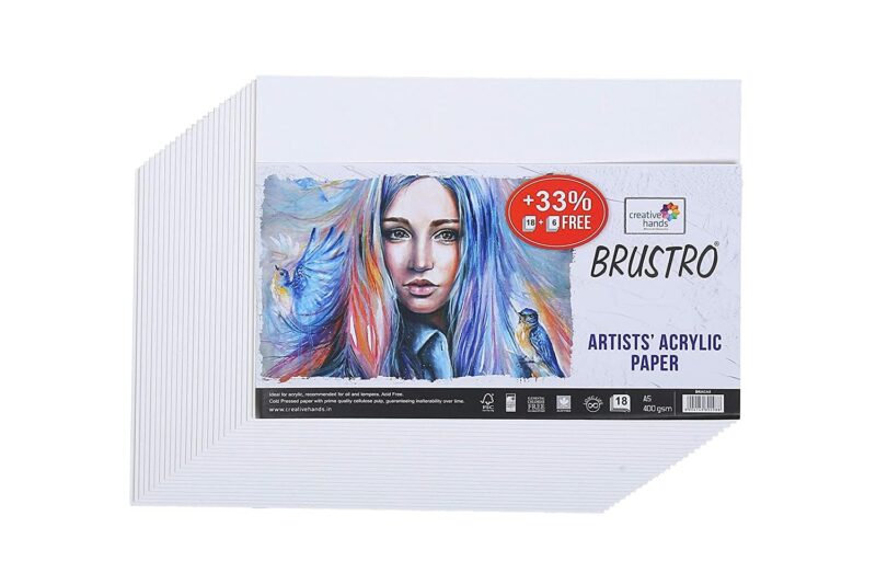BRUSTRO Acrylic Paint Set of 24, Multicolour 12ml Tubes with Acrylic Papers 400 GSM A5, (Contains 18 + 6 Free Sheets) and VelveTouch Artist Brushes set of 6 - Image 3