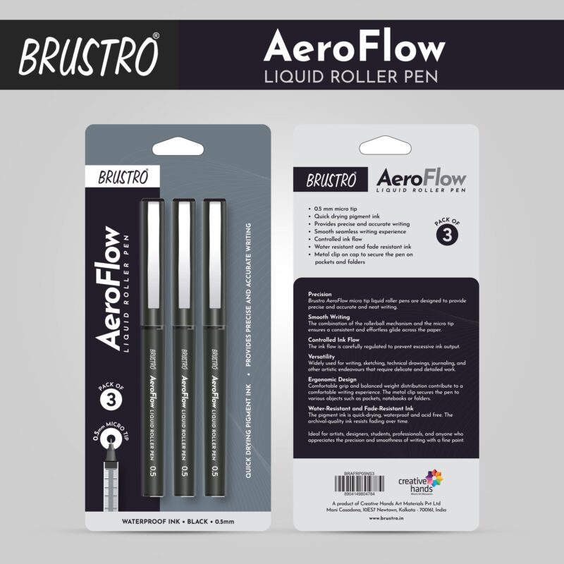 BRUSTRO AeroFlow Liquid Ink Rollerball Pens | Black | 0.5mm, Micro Tip | Pack of 3 | Ideal for Students, Professionals, Office, Exam use, Accurate Smooth Writing, Waterproof, Fade Resistant