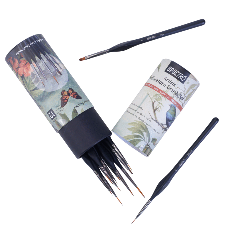 BRUSTRO Artists’ Miniature Precision Brushes - Set of 12 | Synthetic Bristles, Detail Fine Tip | Ideal for Watercolour, Acrylic, Gouache & Oil Colors , Art Painting Tools, Paint Brush Set.