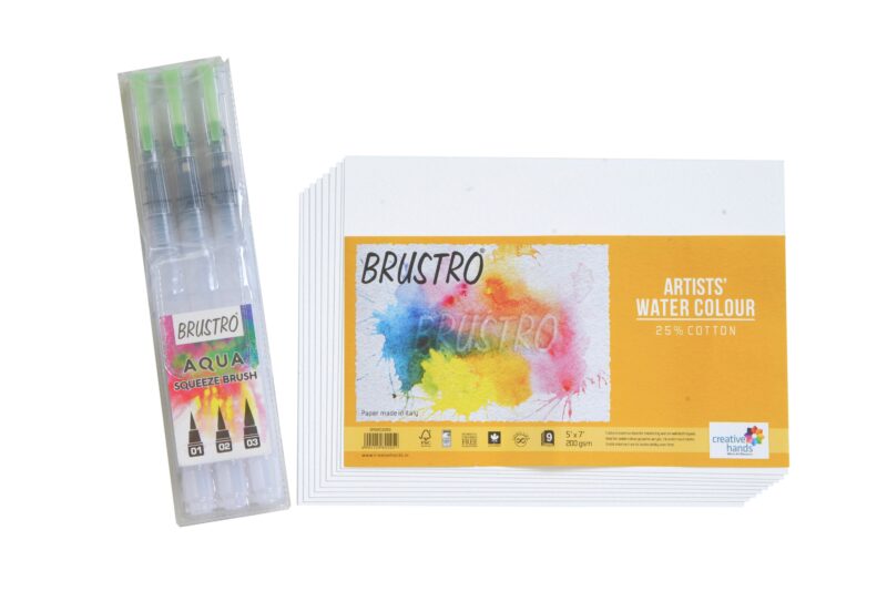 Brustro Aqua Squeeze 25% Cotton CP 200 GSM Leak Proof Watercolour Paper Brush Pen Round (3 5x7 inches, Assorted) - Set of 9 Sheets - Image 4
