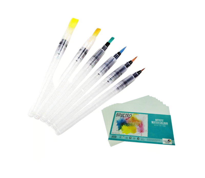 Brustro 3 Flat and Round Aqua Squeeze Leak Proof Watercolour Brush Pen with 9 Sheets Paper Cotton CP 300 GSM, 5x7-inch (Assorted) - Set of 6 - Image 14