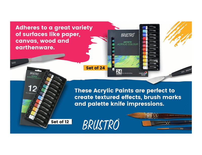 BRUSTRO Acrylic Paint colour set | Set of 24 Colours X 12ml Tubes | Highly pigmented, Intermixable, Perfect For Students, Adults, Beginners, Professionals and Artists - Image 2