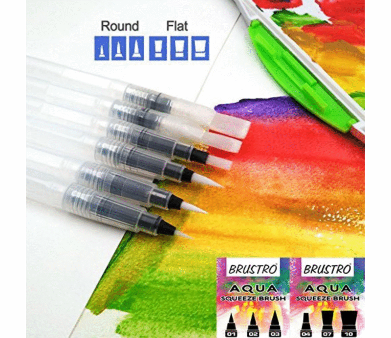 Brustro 3 Flat and Round Aqua Squeeze Leak Proof Watercolour Brush Pen with 9 Sheets Paper Cotton CP 300 GSM, 5x7-inch (Assorted) - Set of 6 - Image 12