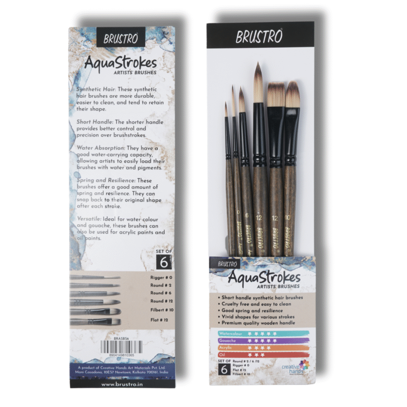 BRUSTRO AquaStrokes Artist Brushes | Set of 6 | Ideal for Watercolour, Gouache, Acrylics, Oil Brush, Synthetic Bristles, Wooden handle | Made for Students and Professionals Artists