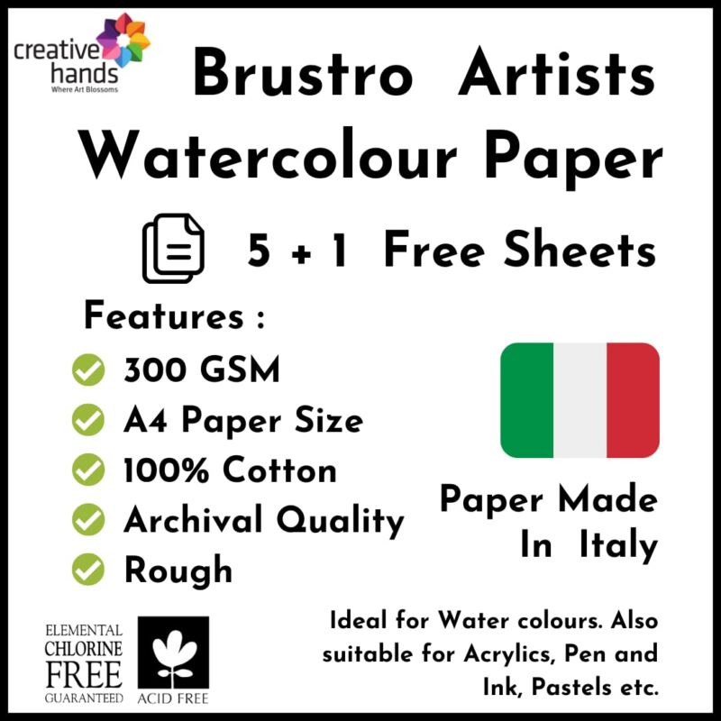 Brustro Artists’ Watercolour Papers 100% Cotton 300 GSM A4 Rough (Pack of 5 + 1 Free Sheet)