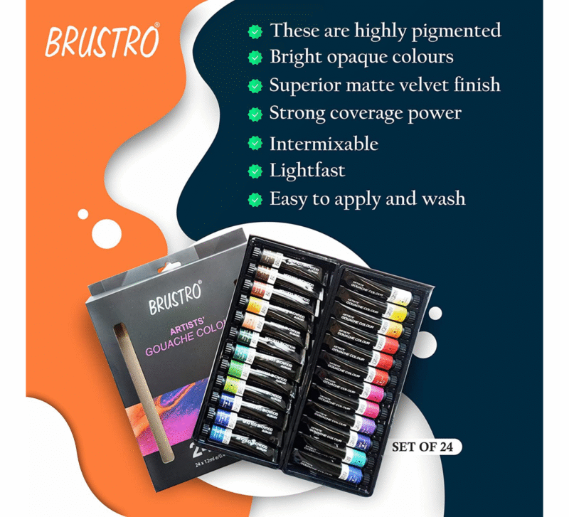 BRUSTRO Artist Gouache Colour Set of 24 Colours X 12ML Tubes with Watercolour Journal - Image 3