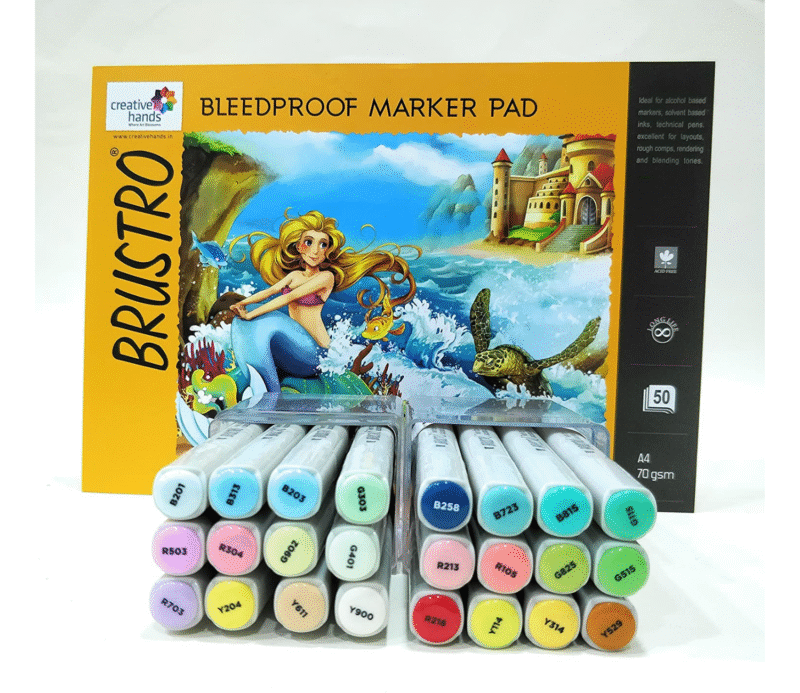 Brustro Twin Tip Alcohol Based Marker Set of 12 Basic C & Set of 12 Pastel Tones with Brustro Bleedproof Marker Pad 70 GSM A4 (Contains 50 Sheets)