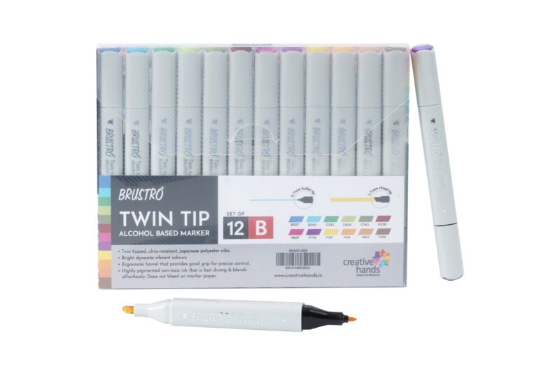 BRUSTRO Twin Tip Alcohol Based Marker Set of 12 - Basic B in Crossline PP See Through Box