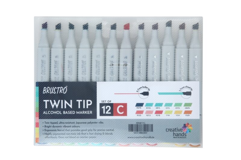 BRUSTRO Twin Tip Alcohol Based Marker Set Of 12 - Basic C in Crossline PP See Through Box