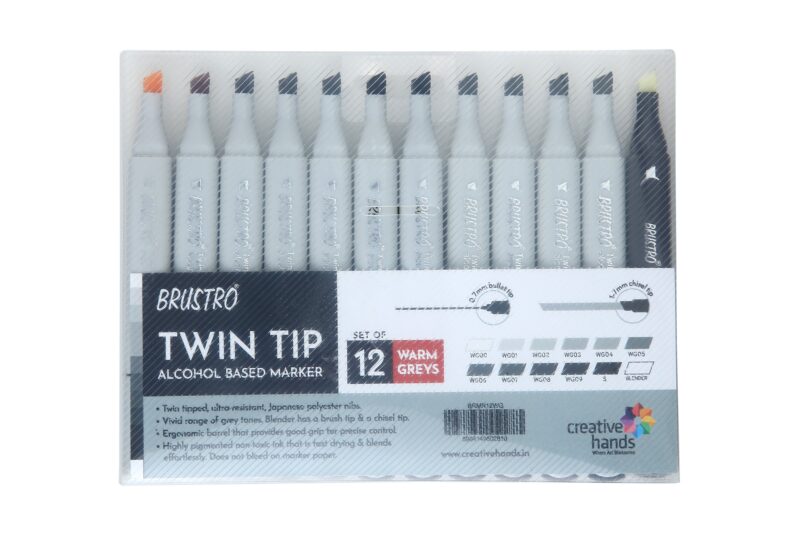 BRUSTRO Twin Tip Alcohol Based Marker Set of 12 - Warm Greys in Crossline PP See Through Box
