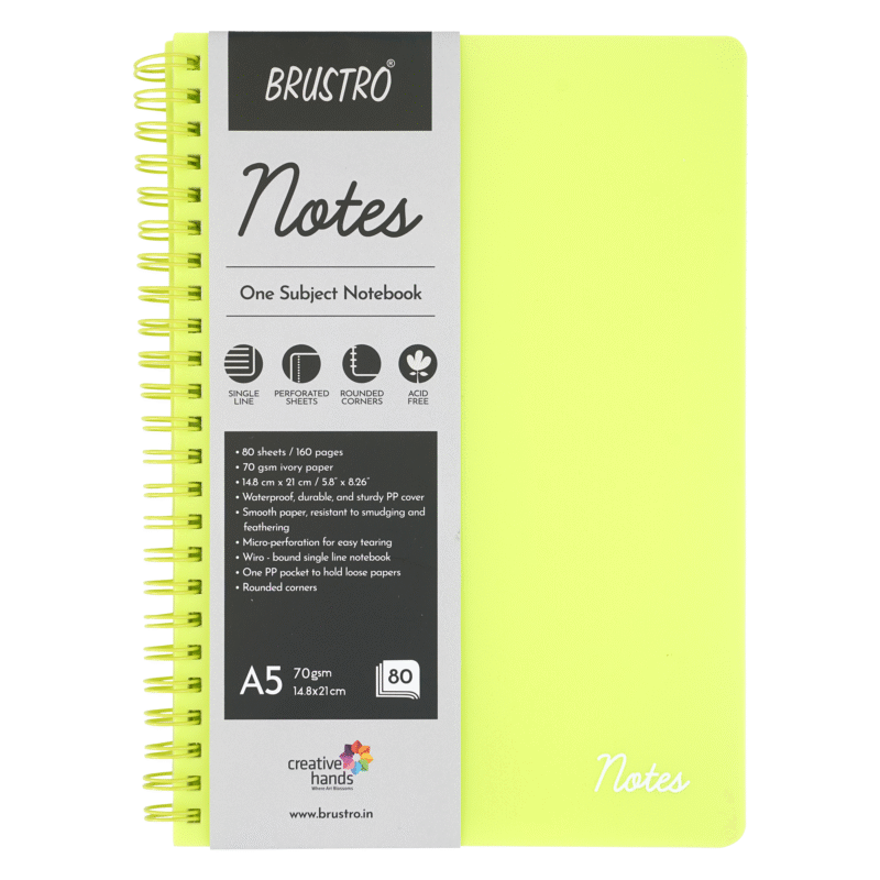 BRUSTRO Notes A5 Size, 1 Subject Ruled Notebook, 80 sheets / 160 pages, 70 gsm ivory paper, Lime Cover, - Image 8