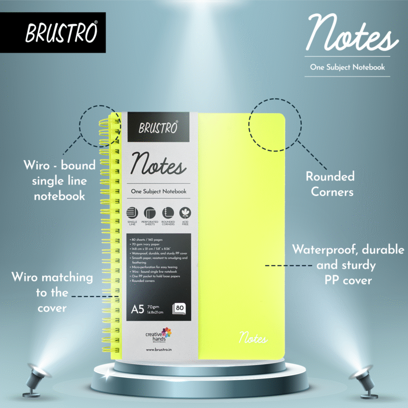 BRUSTRO Notes A5 Size, 1 Subject Ruled Notebook, 80 sheets / 160 pages, 70 gsm ivory paper, Lime Cover, - Image 3