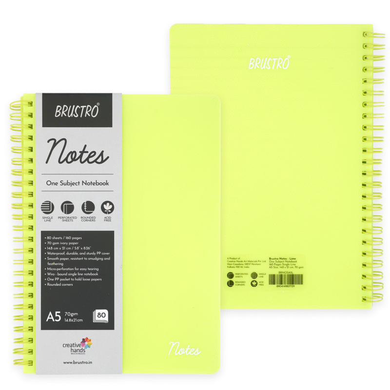 BRUSTRO Notes A5 Size, 1 Subject Ruled Notebook, 80 sheets / 160 pages, 70 gsm ivory paper, Lime Cover, - Image 2