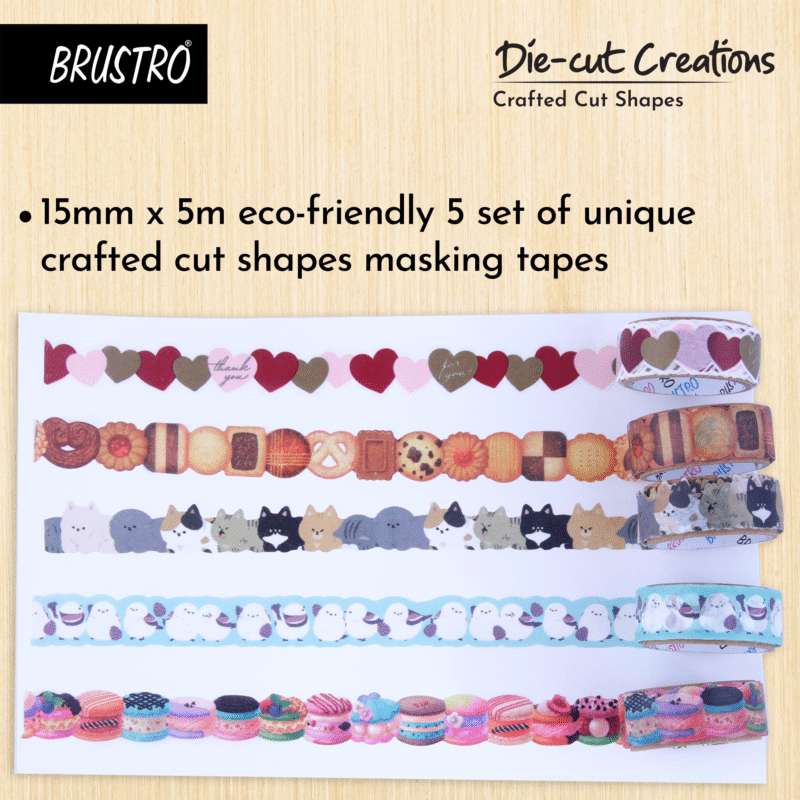 BRUSTRO Die-Cut Creations Washi Tapes | Set of 5 | 15 mm x 3 mtrs | Low Tack Adhesive, Ideal for Scrapbooking, Planners, Card/Gift Wrapping, DIY, Home Decor, Art & Craft Supplies