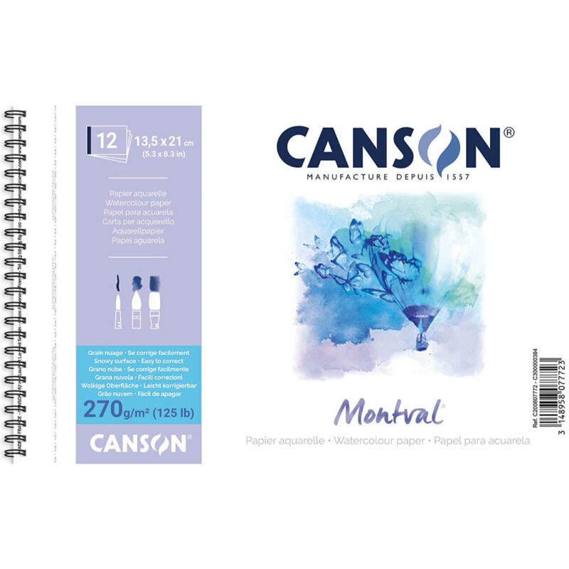 Canson Montval Watercolour 270 Gsm Snowy Grain 13.5 X 21 Cm Paper Spiral Pad (White- 12 Sheets)