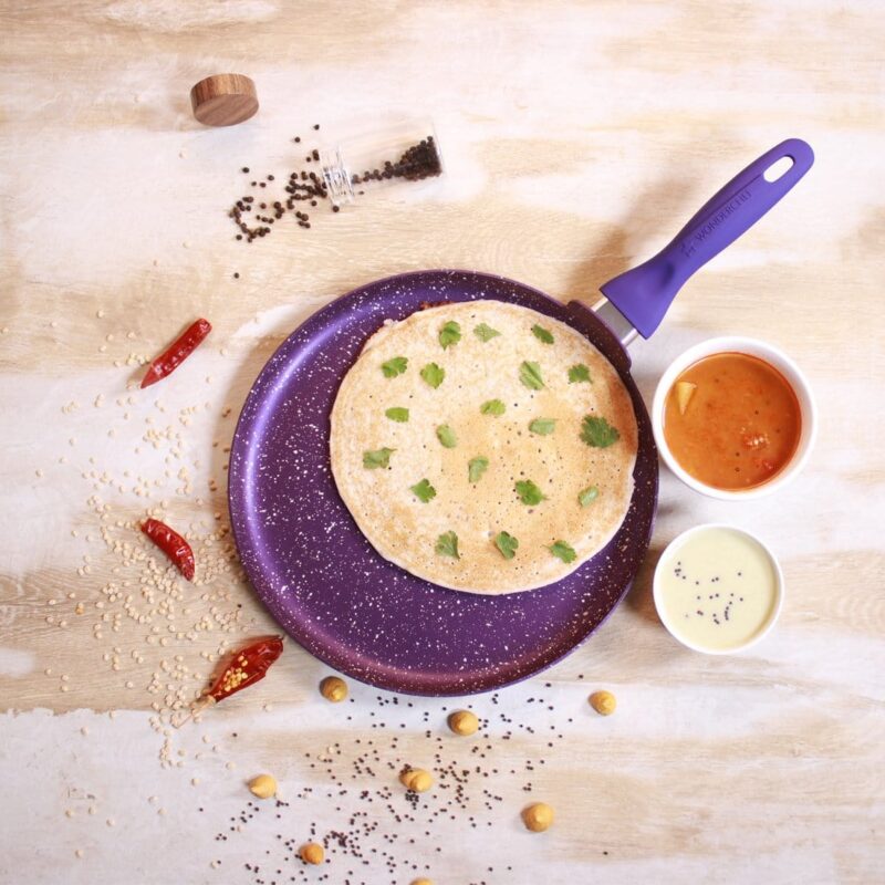 Blueberry Aluminium Non-Stick Cookware Set of 4 | Kadhai with Glass Lid 24cm, Fry Pan 24cm & Dosa Tawa 25cm | Induction Friendly Cookware | Soft Touch Handle | Pure Grade Aluminium | PFOA Free | 2 Year Warranty | Blue - Image 11