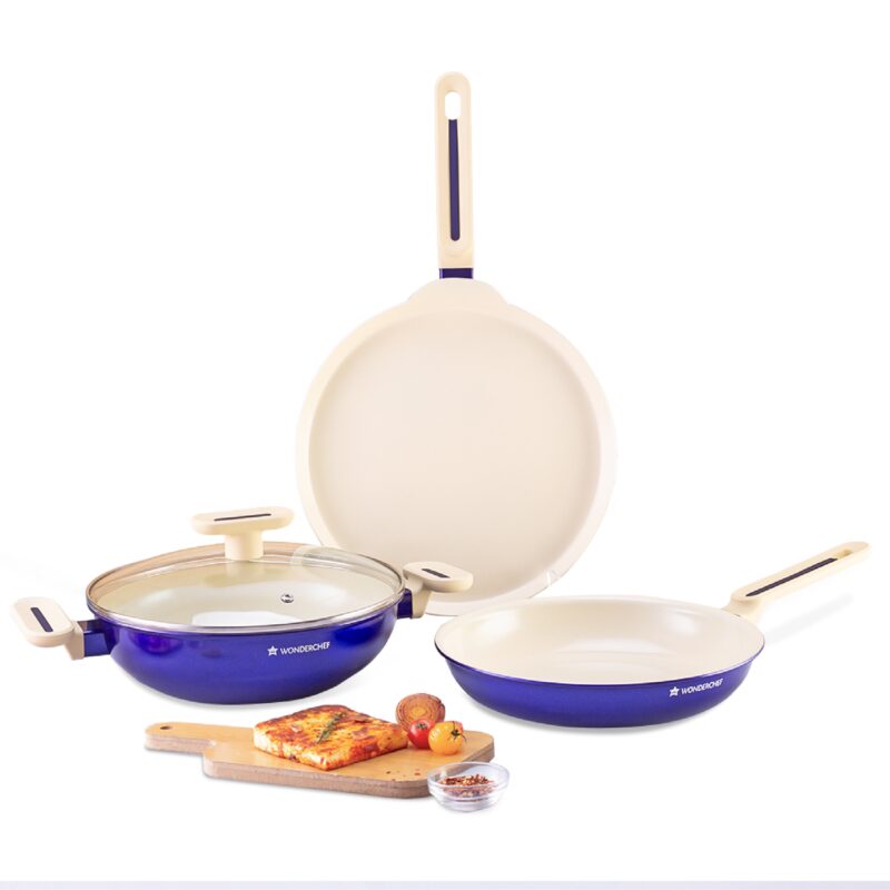 Bellagio Ceramic Non-stick 4 pc Cookware Set, Kadhai with Lid, Fry Pan & Dosa Tawa, Electric Blue, 2 Years Warranty - Image 6