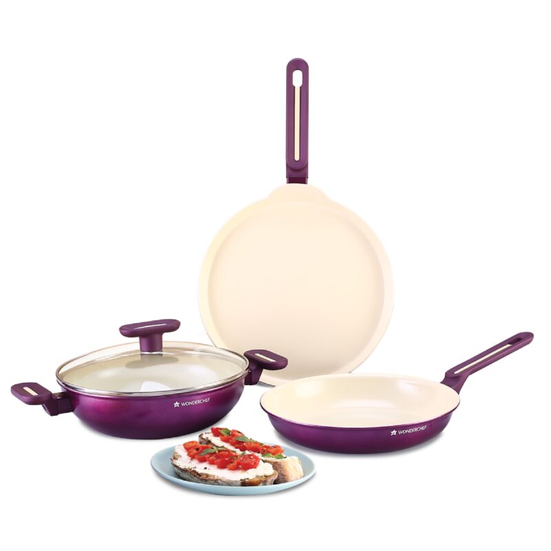 Bellagio Ceramic Non-stick 4 pc Cookware Set, Kadhai with Lid, Fry Pan & Dosa Tawa, Deep Purple, 2 Years Warranty - Image 6