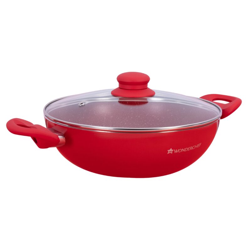 Royal Velvet 26 cm Non-Stick Kadhai with Lid | Induction Bottom | Soft-Touch Handle | Virgin Grade Aluminium | PFOA and Heavy Metals Free| 3 mm Thickness | 3.2 litres | 2 Years Warranty | Red