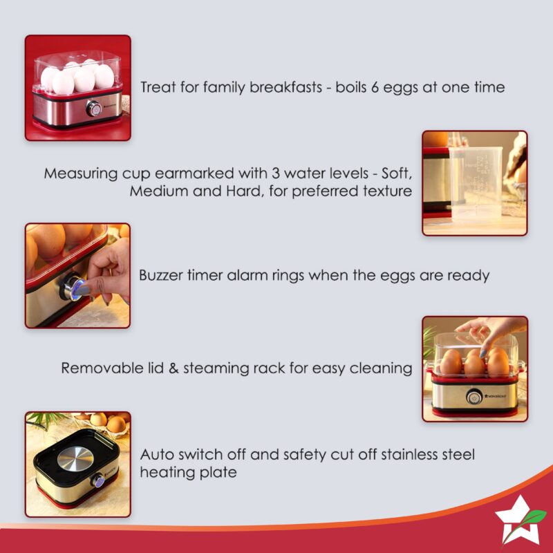 Crimson Edge Instant Electric Egg Boiler with 6 Egg Poachers|3 Boiling Modes, Soft, Medium, Hard| Auto Shut Off | Non-stick Egg Rack, Transparent Lid, Stainless Steel Body & Heating Plate, Steamer Rack| Alarm| Overheat Protection | Red| 2 Year Warranty - Image 4