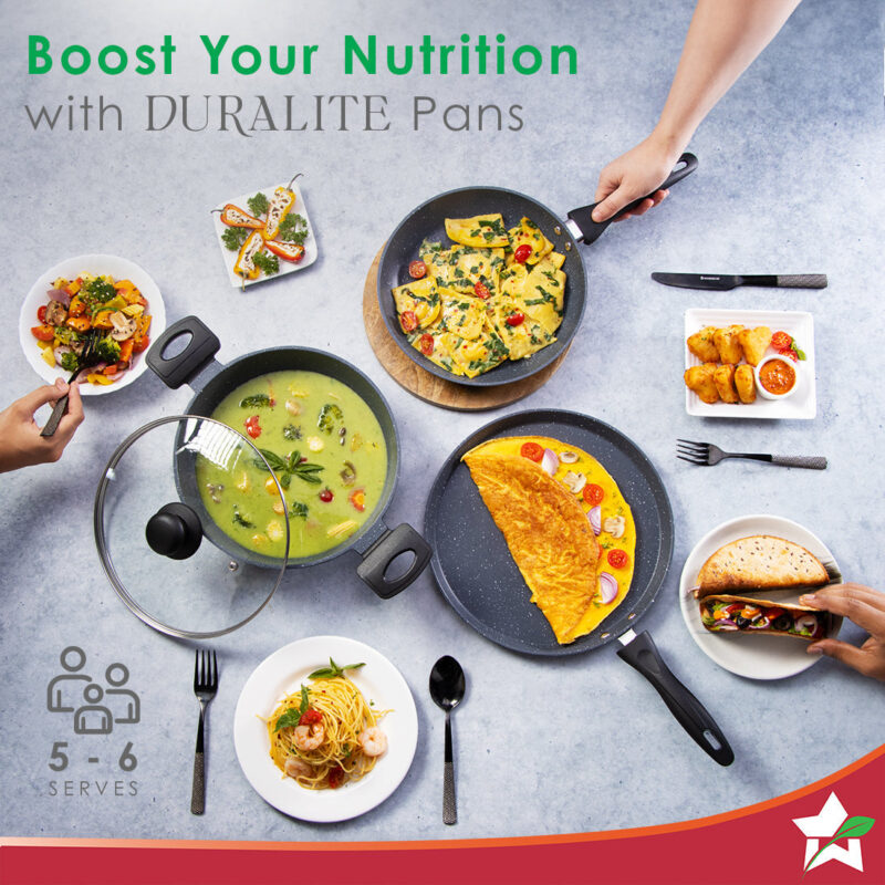 Duralite Die-Cast Non-Stick Pans 4 pcs Set | 24 cm Kadhai with Lid, 24 Cm Fry Pan, 28 cm Dosa Tawa | 1.2 L | Grey | 2 Years Warranty - Image 6