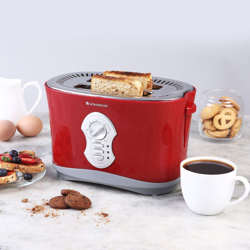 Crimson Edge Slice Toaster with Defrost, Reheat & Cancel Function | 800 Watt | 2 Bread Slice Automatic Pop-up Electric Toaster | 7- Level Browning Controls | Auto Shut Off | Mid Cycle Cancel Feature | Removable Tray | Easy to Clean | Red | 2 Year Warranty - Image 9