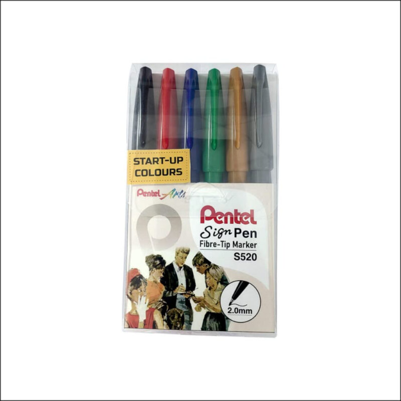 Pentel S520 2.0mm Fibre Tip Water Based Start-Up Colours Sign Pen - Multicolour, Pack of 6
