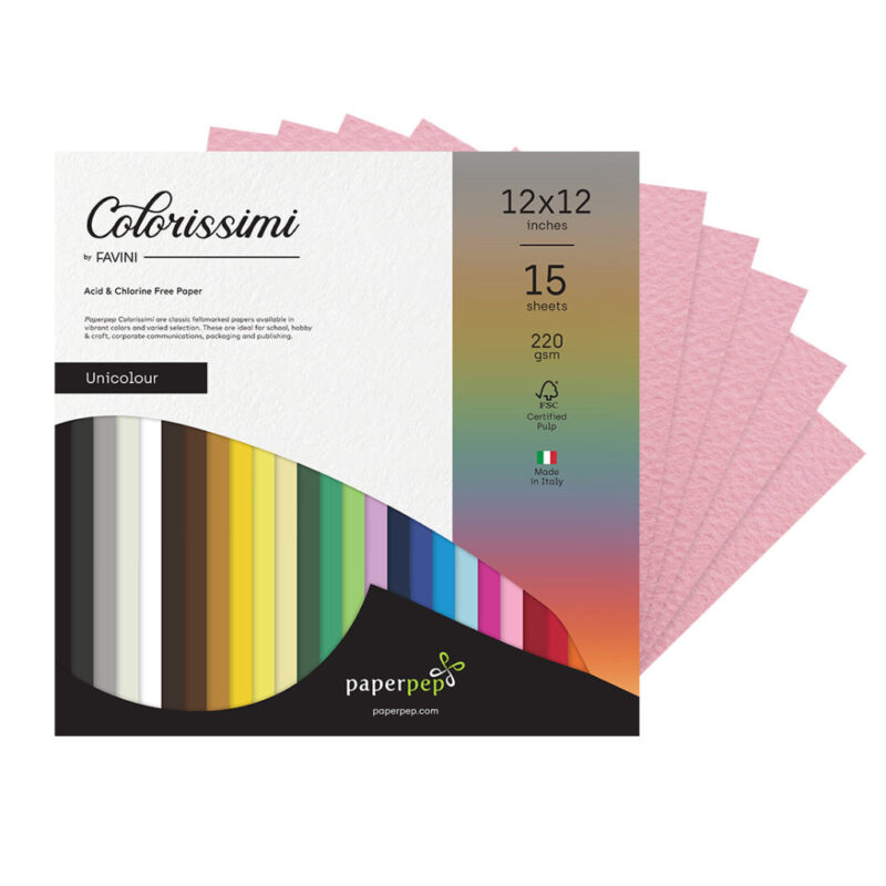 Paper Pep Colorissimi Card Stock 220GSM 12"X12" Rosa (Baby Pink) Unicolor of 15 Sheets