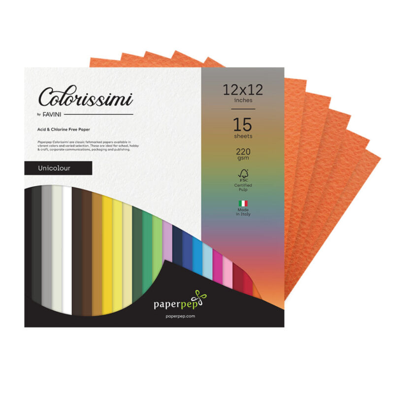Paper Pep Colorissimi Card Stock 220Gsm 12"X12" Mandarino (Orange) Unicolor Of 15 Sheets