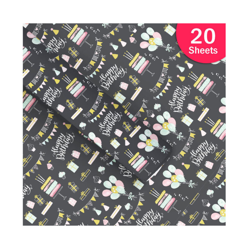 Paperpep Black Birthday Print Gift Wrapping Paper 19"X29" Pack Of 20 Sheets For Gift Packing Birthday, Anniversary, Diwali, Christmas, All Occasions & Events, Crafts, Return Gifts