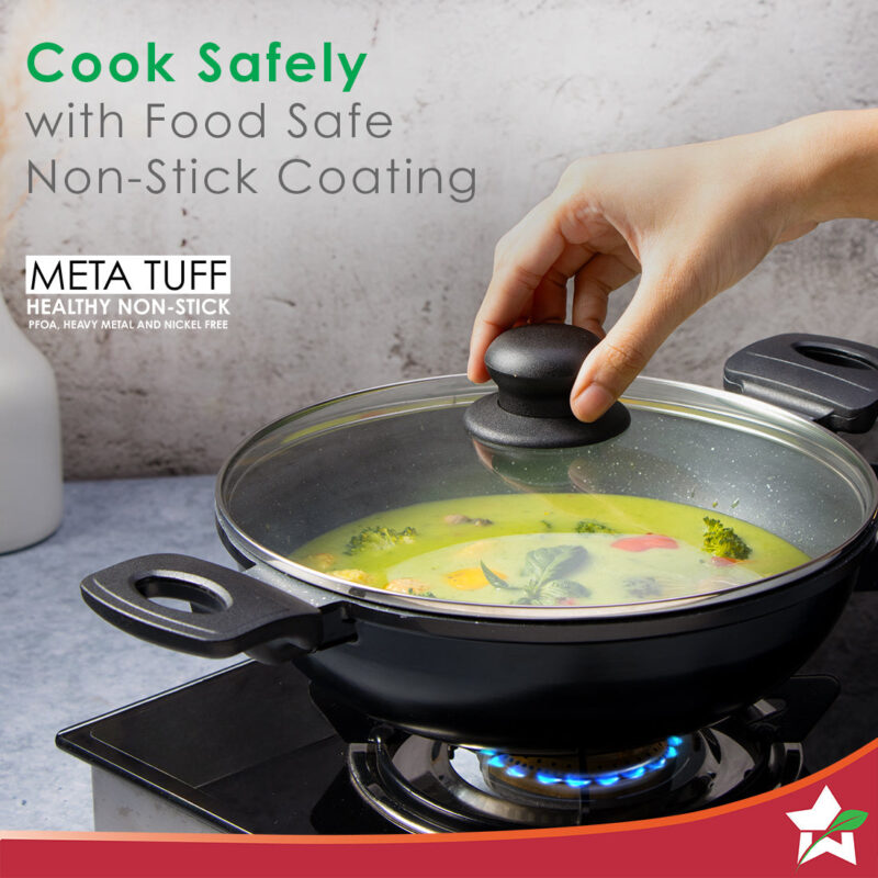 Duralite Die-Cast Kadhai with Lid | 24 cm | 2.4 L | 5 Layer Meta-Tuff Non-Stick Coating | Never Loses Shape | Non-Toxic | Cool Touch Handles and Knob | PFOA Free | Pure Grade Aluminium | Easy to Clean | Grey | 2 Years Warranty - Image 2