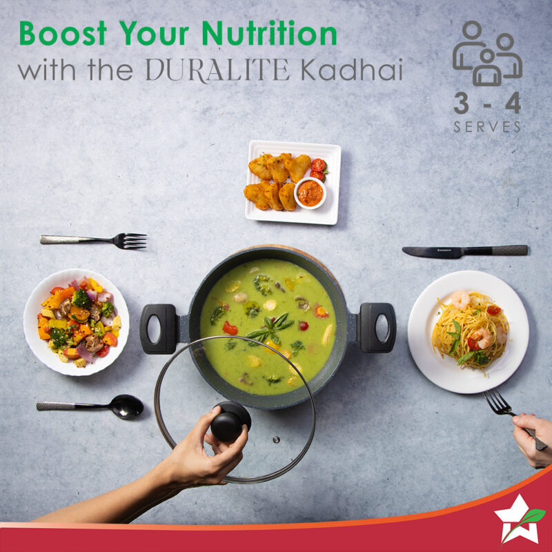 Duralite Die-Cast Kadhai with Lid | 24 cm | 2.4 L | 5 Layer Meta-Tuff Non-Stick Coating | Never Loses Shape | Non-Toxic | Cool Touch Handles and Knob | PFOA Free | Pure Grade Aluminium | Easy to Clean | Grey | 2 Years Warranty - Image 6