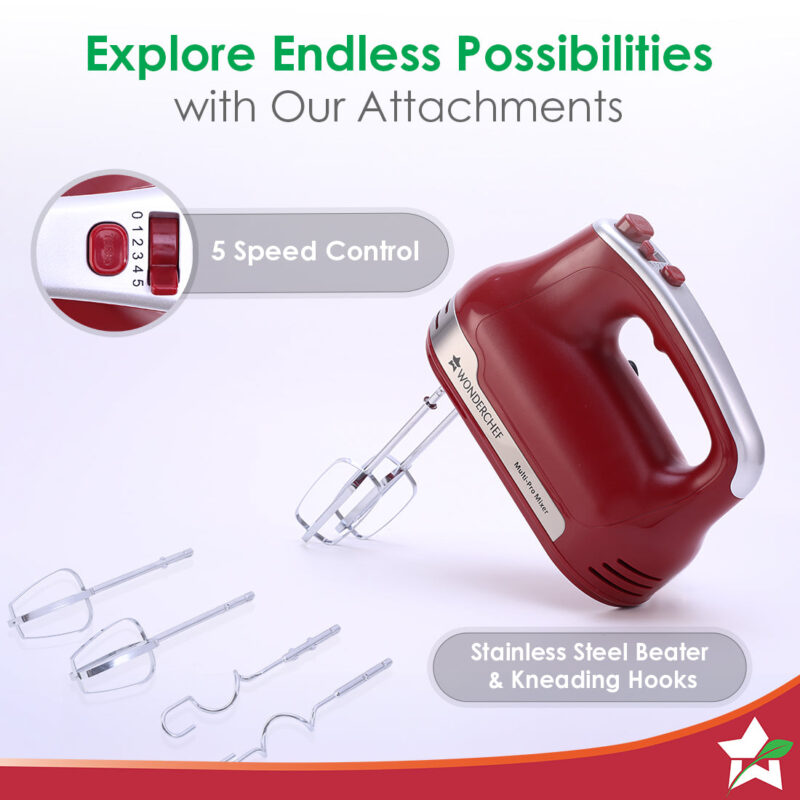 Crimson Edge 5 Speed Electric Hand Mixer | 300W Powerful Copper Motor | TurboSpeed I Adjustable Slow Speed Start I Hand Blender | Stainless Steel Whisk Beaters and Dough Hooks | 2 Years Warranty | Bakeware I Red - Image 5
