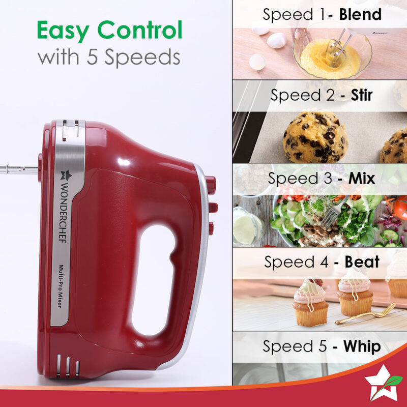 Crimson Edge 5 Speed Electric Hand Mixer | 300W Powerful Copper Motor | TurboSpeed I Adjustable Slow Speed Start I Hand Blender | Stainless Steel Whisk Beaters and Dough Hooks | 2 Years Warranty | Bakeware I Red - Image 6