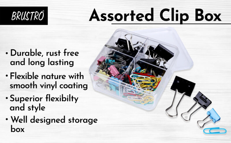 BRUSTRO Assorted Clip Box | Includes 120 Paper Clips-28mm & 56 Binder Clips (25mm- 6 pcs| 19mm- 15 pcs| 15mm- 35pcs) | Home, Office, Stationery use, Ideal for Students and Adults, Reusable, Flexible