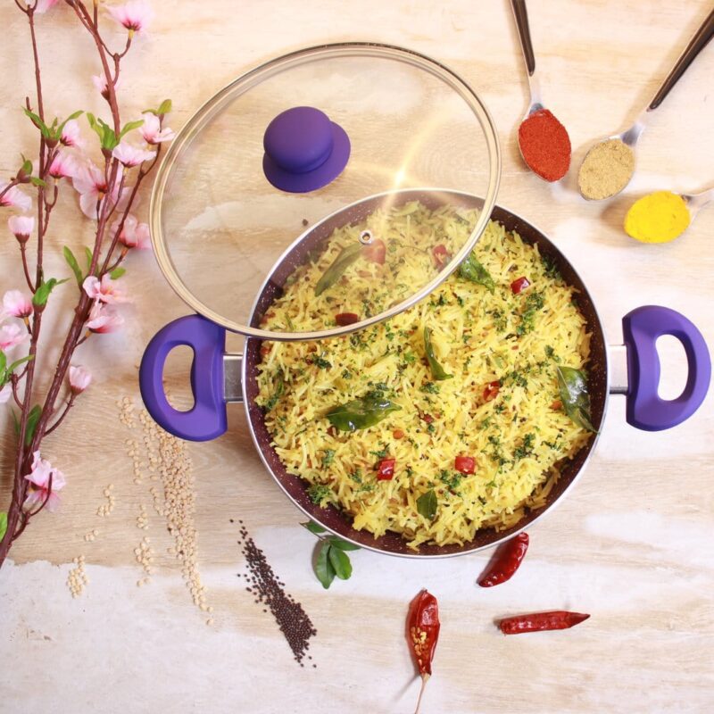 Blueberry Aluminium Non-Stick Cookware Set of 4 | Kadhai with Glass Lid 24cm, Fry Pan 24cm & Dosa Tawa 25cm | Induction Friendly Cookware | Soft Touch Handle | Pure Grade Aluminium | PFOA Free | 2 Year Warranty | Blue - Image 13