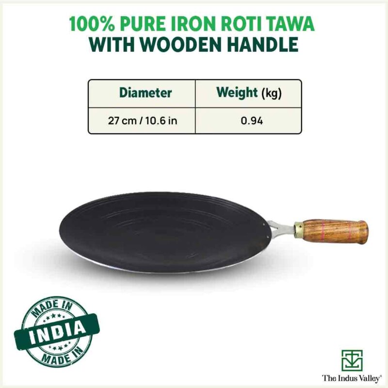 100% Pure Sheet Iron Tawa, Concave, Toxin-free, Seasoned, Wooden Handle, 25.5cm, 0.9kg - Image 3