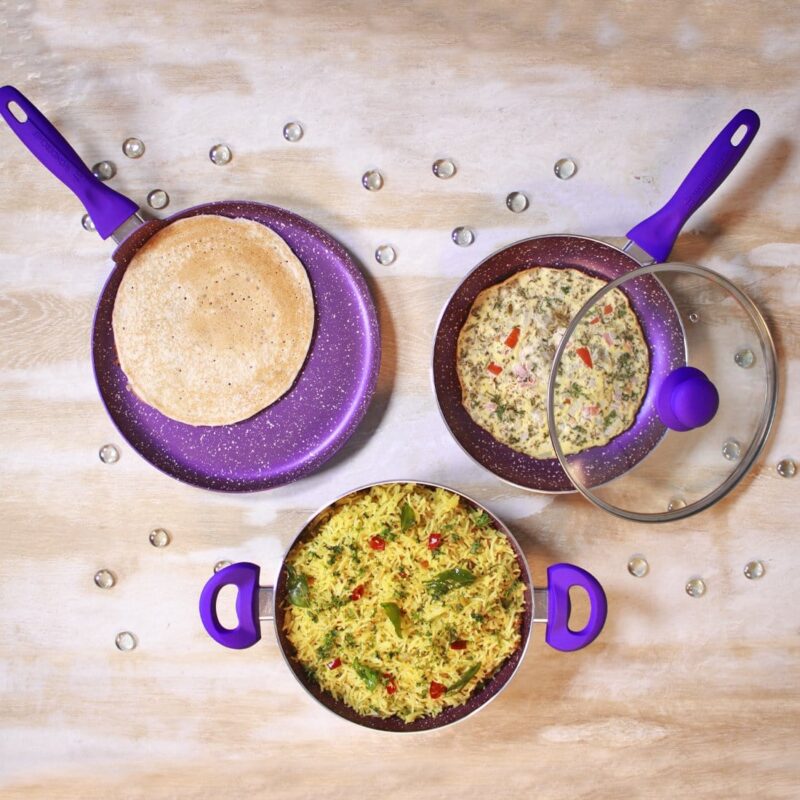 Blueberry Aluminium Non-Stick Cookware Set of 4 | Kadhai with Glass Lid 24cm, Fry Pan 24cm & Dosa Tawa 25cm | Induction Friendly Cookware | Soft Touch Handle | Pure Grade Aluminium | PFOA Free | 2 Year Warranty | Blue - Image 10