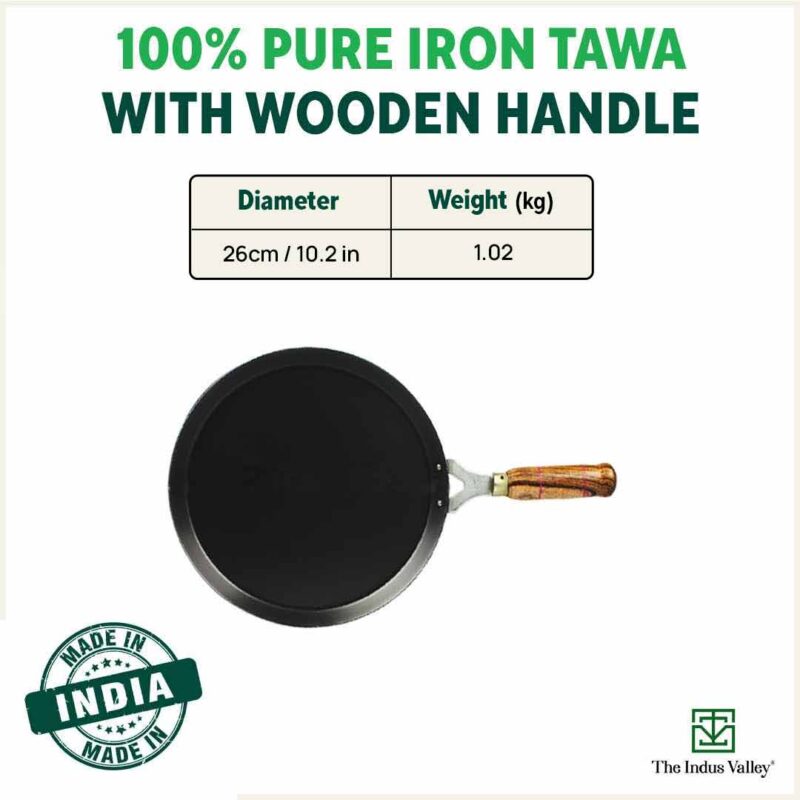 100% Pure Sheet Iron Tawa, Wooden Handle, Seasoned, Toxin-free, Induction, 26cm, 1kg - Image 3