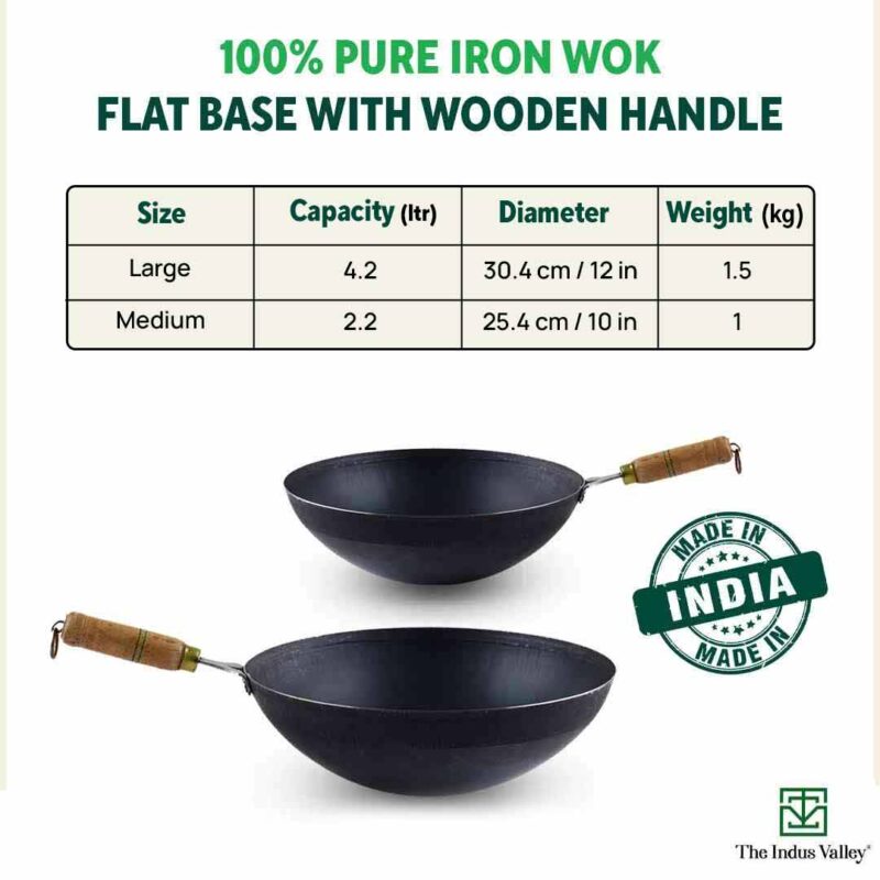 100% Pure Iron Wok with Wooden Handle, Toxin-free Sheet Iron, Pre-seasoned, 2.2/4.2L, 1/1.5kg - Image 3