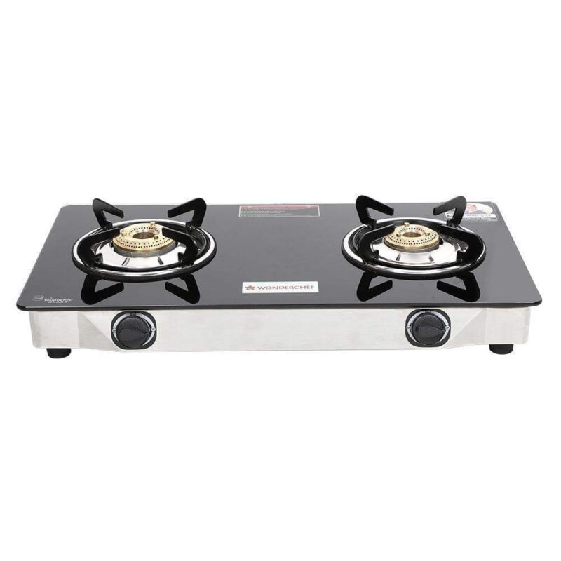Zest 2 Burner Glass Cooktop, Black 7mm Toughened Glass with 1 Year Warranty, Ergonomic Knobs, Efficient Brass Burners, Stainless-steel Spill Tray, Manual Ignition