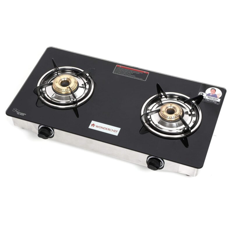 Zest 2 Burner Glass Cooktop, Black 7mm Toughened Glass with 1 Year Warranty, Ergonomic Knobs, Efficient Brass Burners, Stainless-steel Spill Tray, Manual Ignition - Image 3