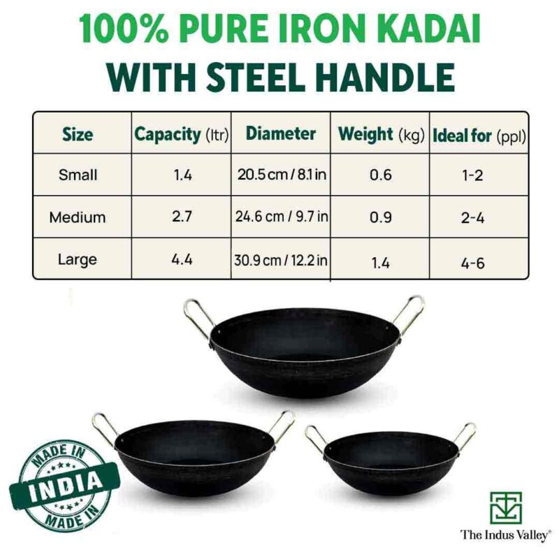 100% Pure Sheet Iron Kadai, Seasoned, Toxin-free, 1.4/2.7/4.4L, 0.6/0.9/1.4kg - Image 3