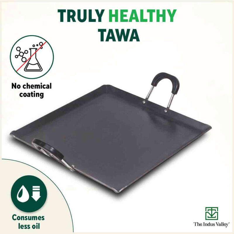 100% Pure Sheet Iron Tawa, Square, Cool Bakelite Handle, Seasoned, Toxin-free, Induction, 29.5cm, 1.88kg - Image 3